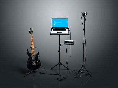 Professional Music Recording Equipment Setup With Electric Guitar Laptop And Microphone Stand 3d model