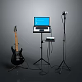 Professional Music Recording Equipment Setup With Electric Guitar Laptop And Microphone Stand
