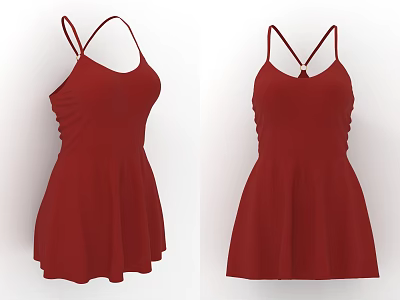 Stylish Red Spaghetti Strap Dress Front and Back View with Flowy Skirt 3d model