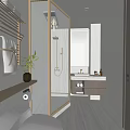 Modern Bathroom Interior Design With Shower Area Marble Vanity Wooden Cabinet And Mirror