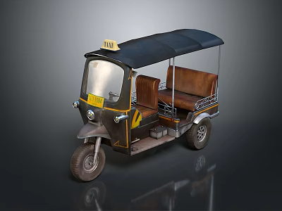 Three Wheeled Motorcycle Taxi With Black Canopy Brown Seats And Front Windshield 3d model