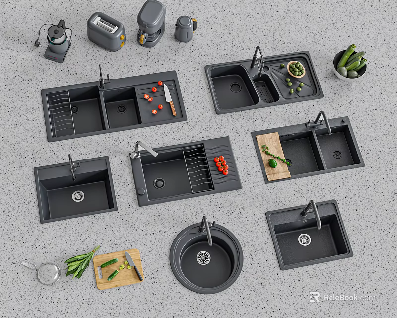 Black Granite Kitchen Sinks With Single Double Bowl Design Drainboard And Faucet 3d model 