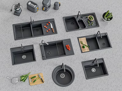 Black Granite Kitchen Sinks With Single Double Bowl Design Drainboard And Faucet 3d model