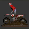 Game Movie Character in Red Outfit Riding Motocross Bike on Muddy Terrain