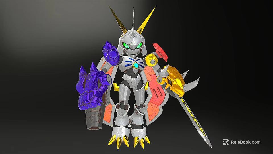 Mecha Character With Golden Horns Green Eyes Purple Arm Golden Sword And Hammer 3d model 