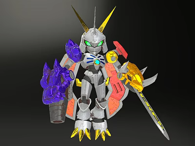 Mecha Character With Golden Horns Green Eyes Purple Arm Golden Sword And Hammer 3d model