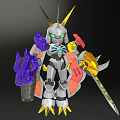 Mecha Character With Golden Horns Green Eyes Purple Arm Golden Sword And Hammer