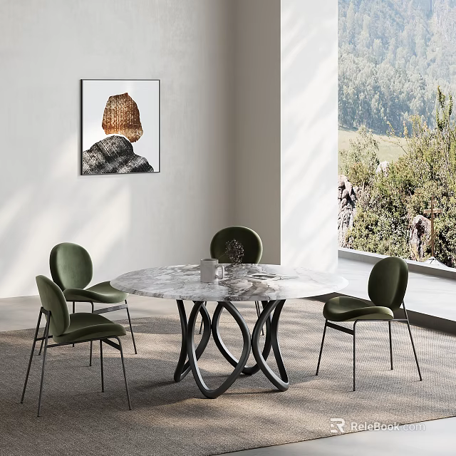 Modern Round Marble Top Dining Table Set With Green Upholstered Chairs And Black Base 3d model 
