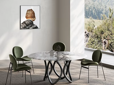 Modern Round Marble Top Dining Table Set With Green Upholstered Chairs And Black Base 3d model