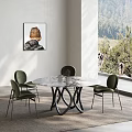Modern Round Marble Top Dining Table Set With Green Upholstered Chairs And Black Base