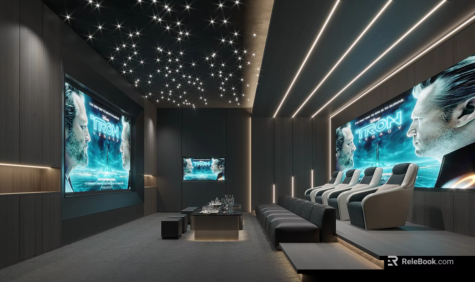 Home Theater With Starry Ceiling Large Screens And Comfortable Seating 3d model