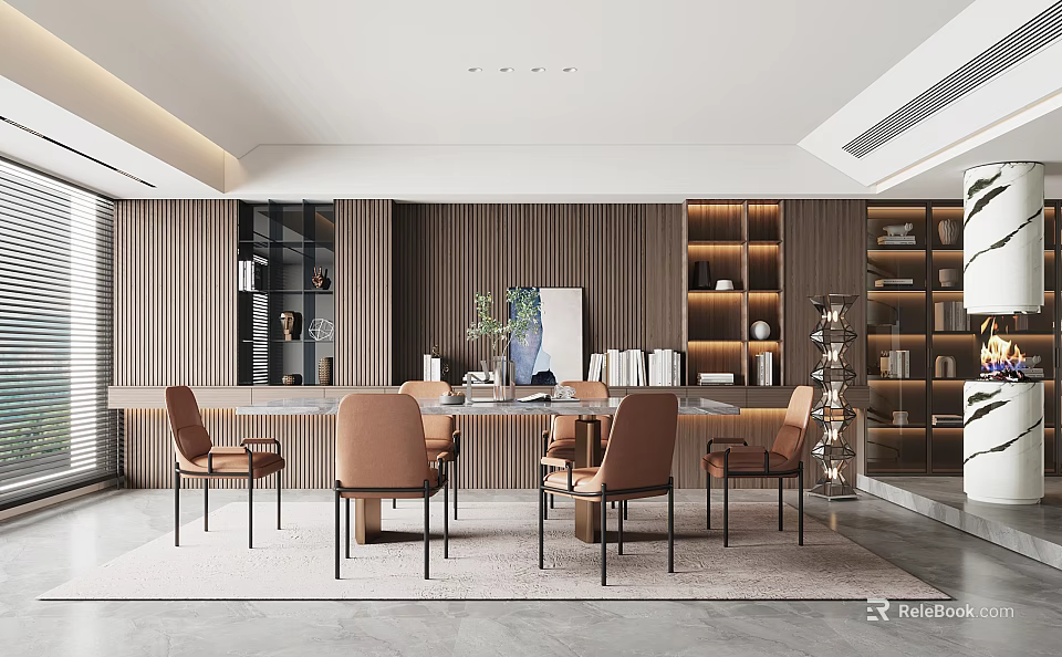 Modern Restaurant Interior Design With Wooden Wall Dining Table And Chairs 3d model 