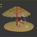 Tropical Beach Scenery With Straw Umbrella Deck Chair Surfboard Beach Ball And Sandcastle