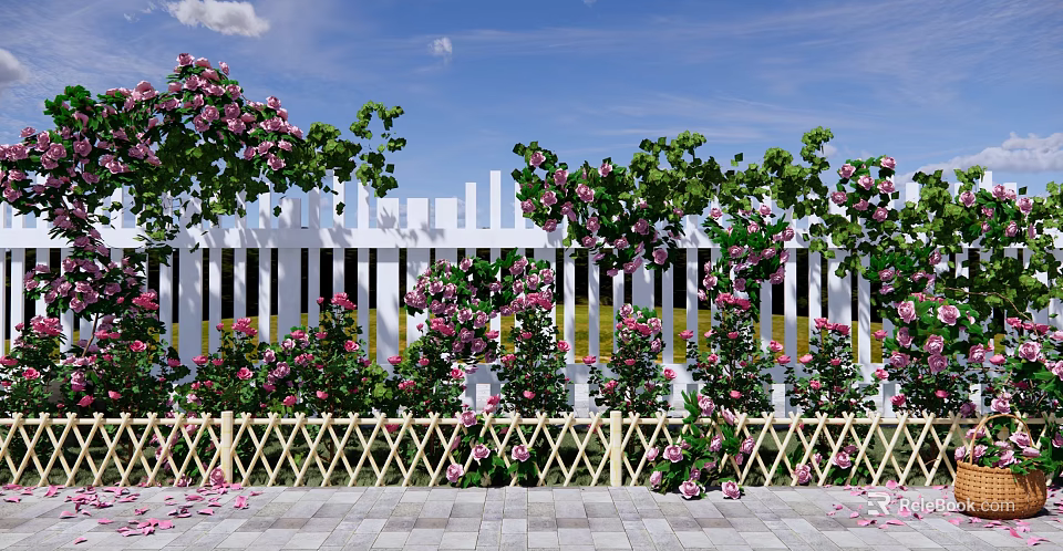 Climbing Vines With Pink Flowers Covering White Picket Fence In Outdoor Garden Space 3d model 