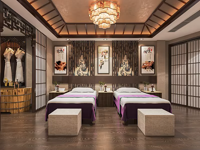 Luxurious SPA Sauna Room with Massage Beds Purple Sheets Chandelier And Decorative Paintings 3d model