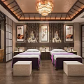 Luxurious SPA Sauna Room with Massage Beds Purple Sheets Chandelier And Decorative Paintings