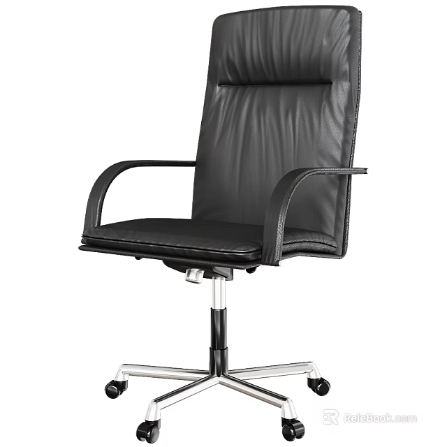 Black Leather Office Chair With High Back Armrests And Metal Base Wheels 3d model 