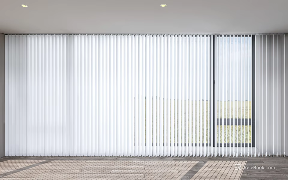 White Venetian Blinds Covering Large Windows In Bright Interior With Outdoor View 3d model 