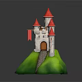 Castle Building With Red Spires White Walls Green Base And Stone Path Flags 3d model