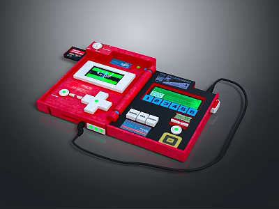 Retro Red Handheld Computer Device Featuring Game Screen Control Buttons And Cable 3d model