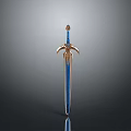 Ornate Fantasy Sword With Blue Blade And Golden Hilt Decoration Details