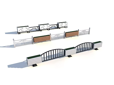 Various Garden Ornaments Featuring Decorative Railings Wooden Benches and Small Metal Bridges 3d model