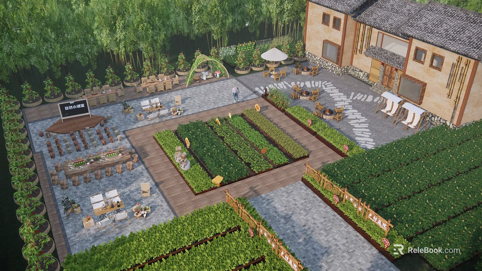 Rural Landscape Featuring Traditional Buildings Vegetable Gardens Outdoor Seating Stone Paths And Trees 3d model 