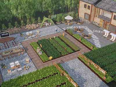 Rural Landscape Featuring Traditional Buildings Vegetable Gardens Outdoor Seating Stone Paths And Trees 3d model