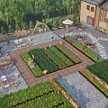 Rural Landscape Featuring Traditional Buildings Vegetable Gardens Outdoor Seating Stone Paths And Trees