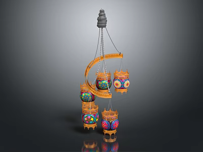 Decorative Chandelier with Multiple Vibrant Lantern Shades and Curved Hanging Frame 3d model