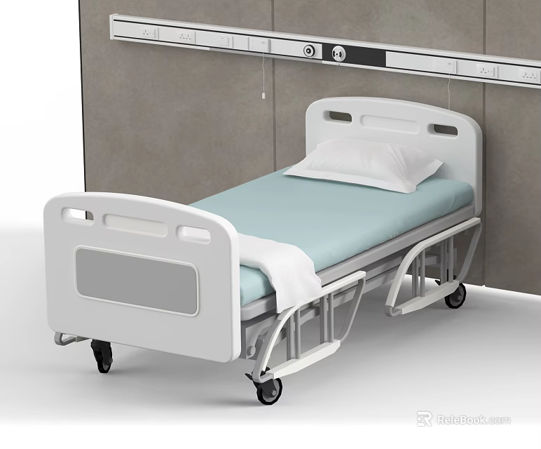 White Medical Bed With Wheels Pillow And Light Blue Bed Sheet Against Gray Wall 3d model 
