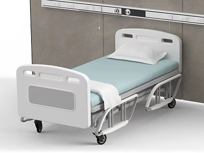 White Medical Bed With Wheels Pillow And Light Blue Bed Sheet Against Gray Wall 3d model