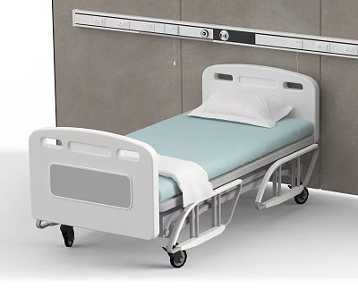 White Medical Bed With Wheels Pillow And Light Blue Bed Sheet Against Gray Wall 3d model