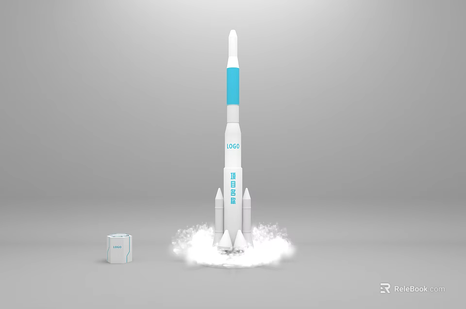 Industrial Equipment Rocket Model With White Body Blue Middle Section Bottom Smoke And Logo Box 3d model 
