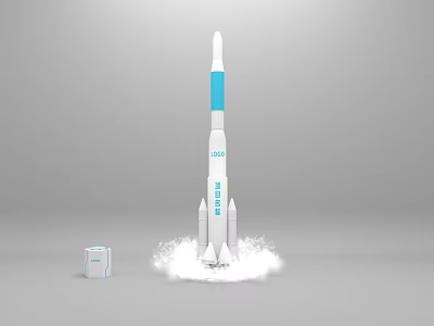 Industrial Equipment Rocket Model With White Body Blue Middle Section Bottom Smoke And Logo Box 3d model