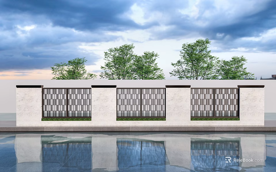 Modern Scenic Garden Wall with Lattice Pattern and Water Pool Reflection 3d model 