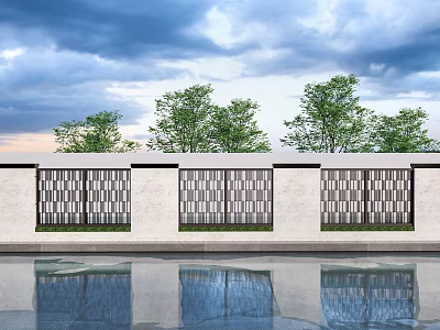 Modern Scenic Garden Wall with Lattice Pattern and Water Pool Reflection 3d model