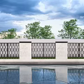 Modern Scenic Garden Wall with Lattice Pattern and Water Pool Reflection 3d model