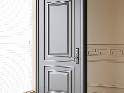 Gray Security Door With Modern Design White Blinds And Beige Wall Decorative Lines 3d model