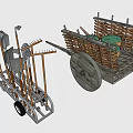Traditional Agricultural Equipment Including Tool Rack With Farm Tools And Wooden Cart With Woven Baskets