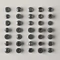 Various Shaped Metal Fasteners Neatly Arranged In Rows On White Surface 3d model