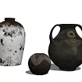 Ceramic Vessels Collection Featuring White Black Spots Dark Wavy Patterns And Two Handle Intricate Design