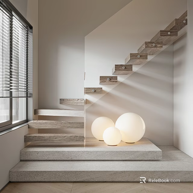 Modern Staircase Design with Wooden Steps White Spherical Lamps and Window Blinds 3d model 