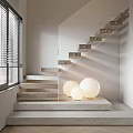 Modern Staircase Design with Wooden Steps White Spherical Lamps and Window Blinds