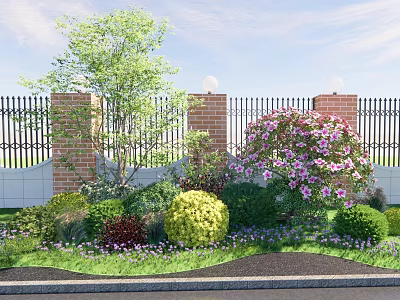 Colorful Flowering Shrubs in Garden with Brick Pillars Iron Fence and Green Lawn 3d model