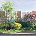 Colorful Flowering Shrubs in Garden with Brick Pillars Iron Fence and Green Lawn