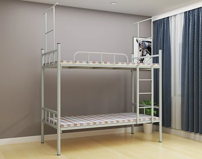 Sturdy Metal Frame Bunk Bed With Striped Mattress Gray Wall And Dark Blue Curtains 3d model