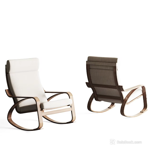 Modern Rocking Chairs With White And Dark Brown Upholstery And Curved Wooden Frames 3d model 