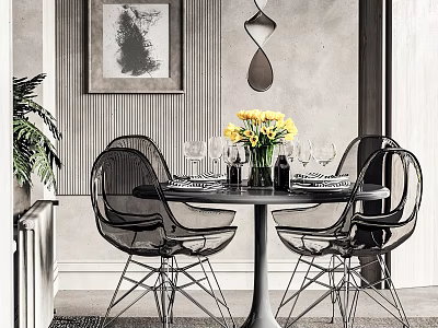 Modern Dining Table Set With Black Chairs Yellow Flowers Wine Glasses Wall Art And Plant 3d model