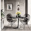 Modern Dining Table Set With Black Chairs Yellow Flowers Wine Glasses Wall Art And Plant